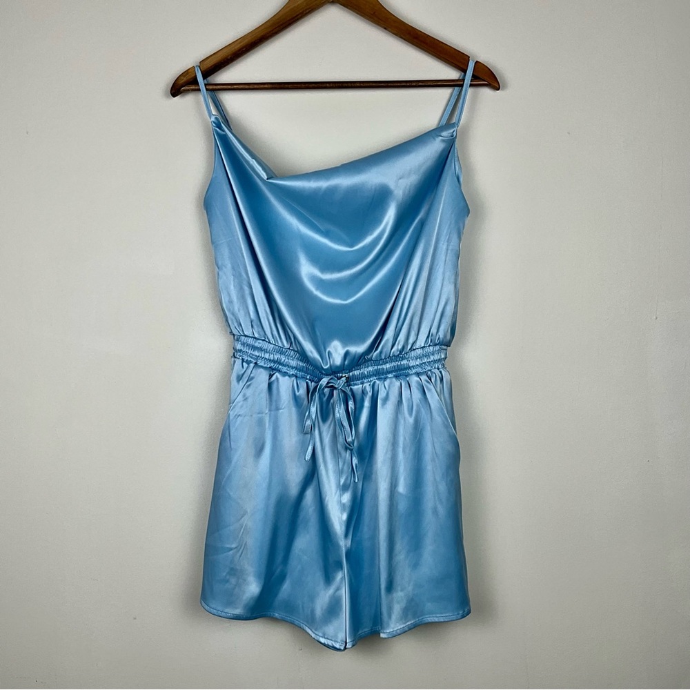 AKIRA women’s blue Slip satin Romper tie-front, elastic waist band Size S NWOT‎ - Picture 3 of 16